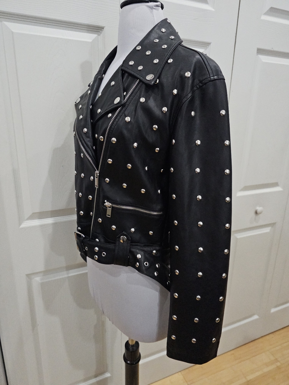 Forever 21 Punk Goth Black Silver Studded Faux Leather Zip Moto Jacket Coat S - Picture 7 of 12
